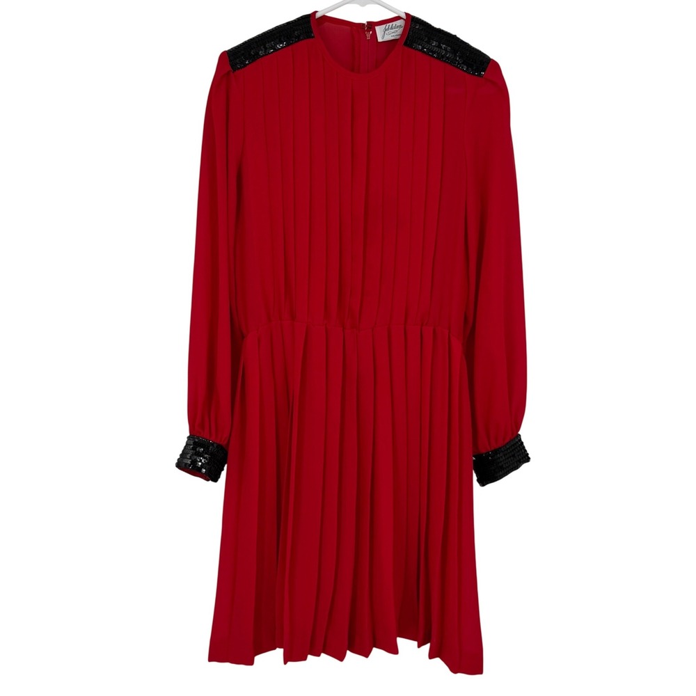 Vintage Jubilation California Red Pleated Dress Sequin Shoulders Cuffs 80s